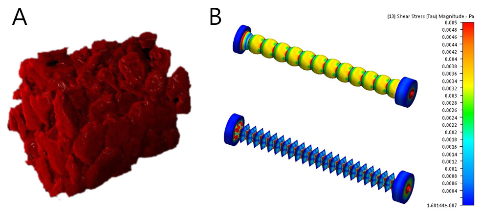 Figure 2: 3D reconstruction of perfusion layer prepared by the solid template method (a), the wall shear pressure profiles on the 2 perfusion layers with sphere (up) and octahedron (down) geometry (b).