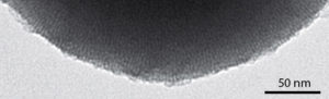 TEM close up picture of the porous structure of a silica nanoparticle with individual pores measuring 3 nm in diameter.